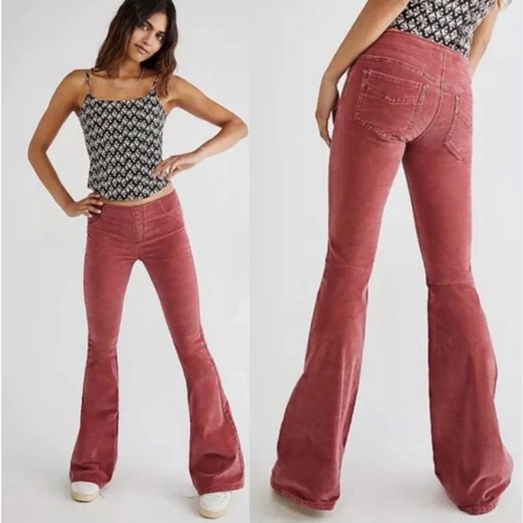 Free People Pants - Free People 27 red pink Pull On Corduroy Flare